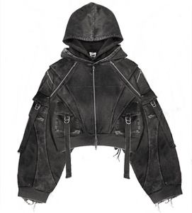 เสื้อฮู้ดดี้ผ้าเดนิมหนา 140 กรัม ทรงโอเวอร์ไซส์ สไตล์สตรีทแวร์ สำหรับฤดูหนาว ระบายอากาศได้ดี มีซับใน กระเป๋าคาร์โก้ ซิปหน้า เหมาะสำหรับทั้งผู้หญิงและผู้ชาย - Product Image 1