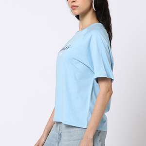 T-shirt décontracté d'été pour femme, 100 % coton, col uni, manches chauve-souris brodées, respirant, tricoté, coupe ample à la taille - Product Image 2