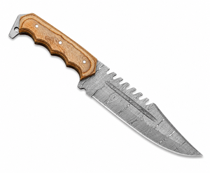 Cuchillo Bowie de Caza de Acero de Damasco con Mango de Madera, Hoja Serrada de Punta Caída, Funda de Cuero Personalizada, Grado DIY - Product Image 2