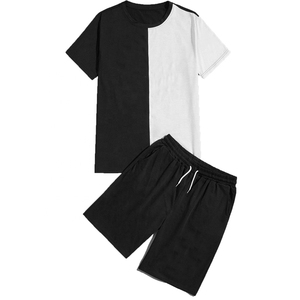 Men's Summer Casual 2-Piece <b>Set</b> Color Blocking T-Shirt Black Red Shorts Breathable <b>Knitted</b> Cotton Crew Neck Sport Wear - Product Image 3