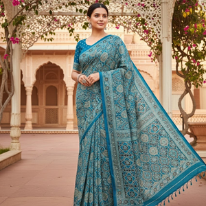 Sari de crepé satinado Ajrakh estampado para mujer |   Ropa Étnica Ligera para Bodas, Fiestas y Ocasiones Festivas con Accesorios - Product Image 1