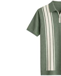 Polo pour homme à demi-zip, vert sauge et rayures verticales, manches courtes, tricoté, décontracté, fabrication sur mesure OEM - Product Image 2