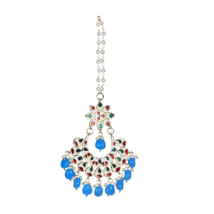 Ethnic Style Alloy Maangtikka With <b>Blue</b> <b>Beads</b> And Pearl Chain Handmade For Wedding Bridal Occasion - Product Image 2