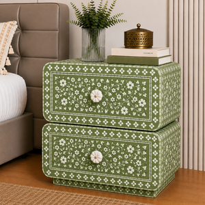 Handcrafted Floral Resin Bone Inlay Nightstand With Drawers & Shelf Coastal Chic Cabinet <b>Bedside</b> End <b>Table</b> Luxe Interior Decor - Product Image 3