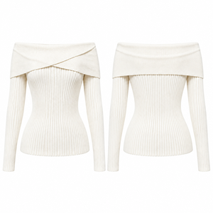Women Solid Casual Shoulder Foldover Ribbed Knit Sweater Slim Fit <b>Long</b> <b>Sleeve</b> Pullover Autumn Winter Fashion <b>Top</b> <b>Stretch</b> - Product Image 4