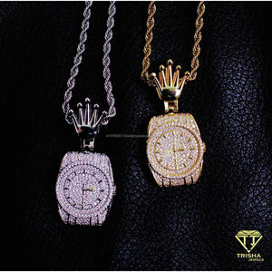 Collar de Lujo con Colgante de Diamante Moissanite en Forma de Reloj, Plata de Ley 925, Corona con Incrustaciones de Diamantes, Estilo Hip Hop - Product Image 1