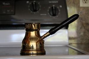 Handmade Brass Turkish Coffee <b>Pot</b> Cezve with Wooden Handle for Home Brewing - Product Image 2