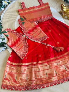 Wholesale Kids Girls Bollywood Ethnic <b>Lehenga</b> Choli Set Traditional <b>Red</b> Silk Pattu Pavadai Heavy Zari Border Winter Festive - Product Image 5