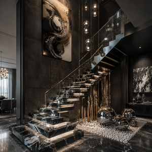 Escalier flottant en marbre noir avec marches éclairées par LED, garde-corps en verre, poutre métallique et main courante fine, conçu pour villa - Product Image 2