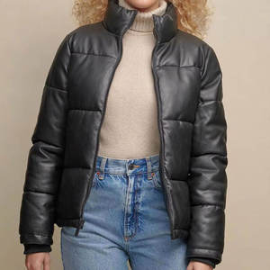 Veste matelassée en PU noir, col montant, fermeture éclair, coupe-vent, manteau d'hiver court, style décontracté, unisexe - Product Image 4