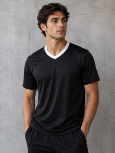 Camiseta de Fútbol de Manga Corta con Cuello en V Negra para Hombre, Absorbe la Humedad, Poliéster, Corte Regular, Color Sólido, Ropa para Todas las Temporadas - Product Image 4