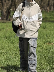 Veste en toile coupe-vent à capuche pour homme, style streetwear, avec blocs de couleur, fermeture éclair, coupe décontractée, en polyester, pour l'automne - Product Image 6