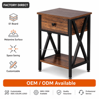 Table de chevet rustique industrielle avec tiroir et étagère ouverte, structure en métal en X, fabrication OEM ODM, pour chambre à coucher
