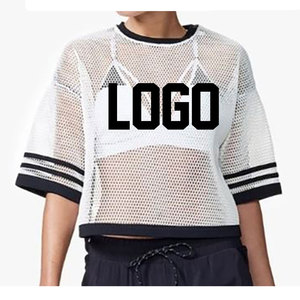 Women <b>Mesh</b> <b>Crop</b> <b>Top</b> Short Sleeve Neck Breathable Loose Fit Summer Solid Color Digital Printing Anti-Pilling Spandex/Cotton Front - Product Image 2
