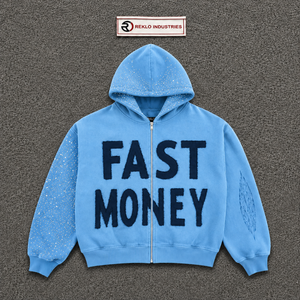 Sudadera con capucha azul claro premium FAST MONEY, estilo streetwear, para uso diario, con cremallera frontal oversize y estampado en relieve, de algodón francés. - Product Image 5