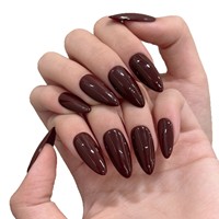 Middelgrote Amandel Donkere Wijn Effen Kleur Glanzend Acryl Voorontworpen Vingernagels Ontwerp Crush