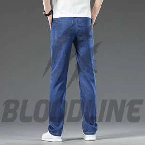 Jean droit uni pour homme Bloodline, taille mi-haute, coupe classique, en denim décontracté, coton respirant, idéal pour l'été, style hip-hop déchiré - Product Image 4