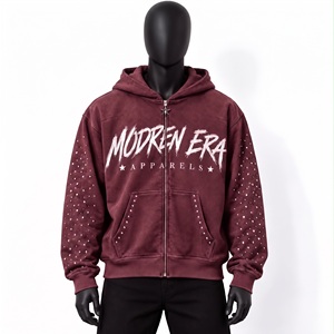 <b>burgundy</b> rhinestone zip up <b>hoodie</b> custom oem heavy weight fleece streetwear luxury graphic <b>mens</b> apparel manufacturer - Product Image 1