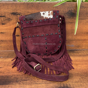 Venta caliente Western Real Hair on Suede Leather Bohemian Fringe Crossbody Bags para mujeres Custom Genuine Leather Hand Stitch Purse - Product Image 4
