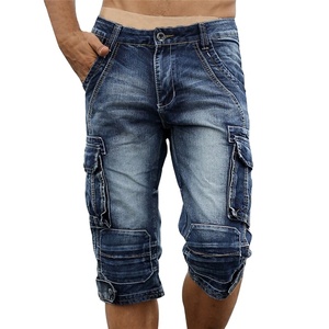 Jean en denim pour homme, style cargo rétro streetwear, vintage, délavé à l'acide, brodé, multi-poches, délavé moyen clair, style motard, grande taille, mode - Product Image 1