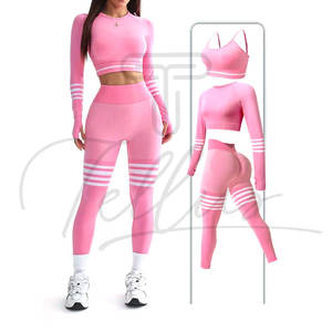 Ensemble de sport 4 pièces côtelé sans couture pour femme avec logo personnalisé, leggings de yoga grande taille, vêtements de fitness personnalisables - Product Image 2