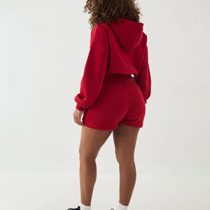 Conjunto deportivo de dos piezas para mujer, de algodón, transpirable, ecológico, para entrenamiento, correr, con sudadera con capucha y pantalones cortos, para invierno. - Product Image 2