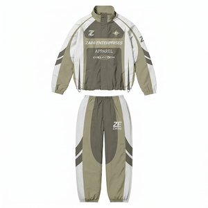 ZAINI – Ensemble coupe-vent tricoté en polyester premium 135 GSM pour homme, design à empiècements blanc, gris, kaki, logo imprimé par transfert thermique - Product Image 1
