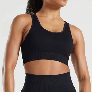 Sujetador deportivo negro acanalado para mujer, top corto de alto soporte, sin costuras, estilo deportivo, color liso, para entrenamiento y fitness - Product Image 1