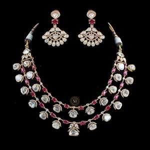 Emerald and Pearl Double Layered Moissanite Necklace Set in 18K Gold - Product Image 3