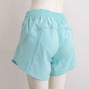 Shorts Deportivos de Punto para Mujer, Cintura Alta, Color Sólido, Secado Rápido, con Bolsillos, Cintura Elástica, Azul Claro - Product Image 1
