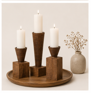 Handcrafted Rustic Wooden Pillar Candle Holder Set Of 3 Vintage Sculptural Mango Wood Candlestick Stands With Ribbed Texture - Product Image 2