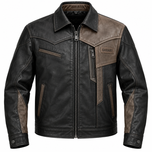 Chaqueta de Cuero Negra y Marrón Desgastada para Hombre, Estilo Motero Occidental, Abrigo Exterior de Cuero Genuino, OEM Personalizado - Product Image 1
