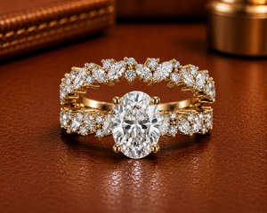 Magnifique bague de fiançailles en diamant de laboratoire taille ovale, or pur 14 carats, avec accent marquise et alliance assortie pour femme - Product Image 1