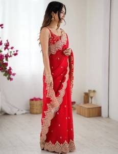 KV Women's Embroidered Embellished Bollywood Designer Chiffon Saree With Unstitched <b>Blouse</b> (<b>Red</b>) - Product Image 5