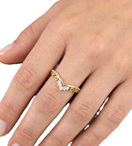 Minimalist Curved Ring Wholesale Round Cut Lab Diamond 18K Solid Gold Curved Wedding Band Filigree Engraved Chevron Bridal Ring - Product Image 5