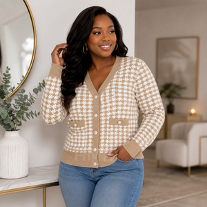 HMR Sisterhood Sorority Acrylic Hounds tooth Wool Knitted <b>Cardigan</b> Long Sleeved Outerwear Fashionable - Product Image 3
