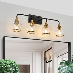 Applique da Parete Moderna a 4 Luci da 31 Pollici, Lampada Industriale per Bagno con Paralumi in Vetro Trasparente, Illuminazione a Parete Nera e Oro - Product Image 1