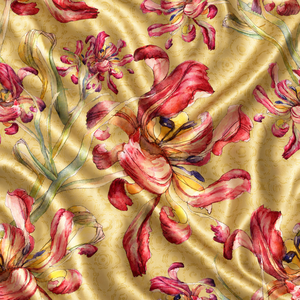 Tela de Lino Dorada con Diseño Floral Impreso Digitalmente en Acuarela, Motivo de Flores Amarillas y Naranjas, Tejido Transparente de Lujo - Product Image 3