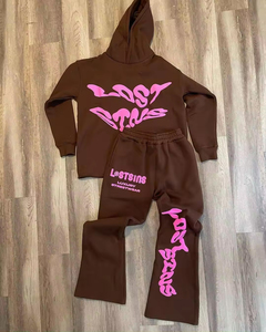 Ensemble survêtement Lost Status Orange pour adulte, style streetwear, à manches longues, en polaire respirante, avec logo vert imprimé, coupe ample - Product Image 4