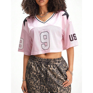 เสื้อเจอร์ซีย์สำหรับผู้หญิง Y2k เสื้อครอปสตรีทแวร์ชุดกีฬาเสื้อยืดแขนสั้นเสื้อฟุตบอลน่ารัก - Product Image 4