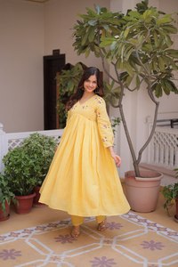 Women Coral Cotton Floral Embroidered Long Sleeve V Neck Flared Anarkali Ankle-Length Quick Dry Traditional Casual <b>Wedding</b> <b>Dress</b> - Product Image 4