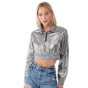 Y2K Metallic Stretch Cropped Bomber Jacket Full Sleeve Hooded Collar <b>Zipper</b> Closure Polyester Spring Women's Streetwear Fashion - Product Image 3