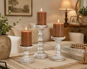 Juego de 3 Portavelas de Madera Rústicos Estilo Granja, Soportes para Velas de Pilar Blancos Desgastados, Centro de Mesa, Decoración del Hogar - Product Image 2
