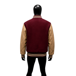 Chaqueta Varsity Premium de Lana Marrón con Mangas de Cuero Beige, Chaqueta Bomber de Béisbol Personalizada con Letras para Hombre y Mujer, Venta al Por Mayor - Product Image 2