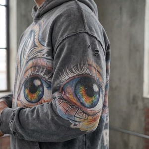 Sweat à capuche zippé pour homme avec imprimé œil personnalisé, coupe oversize, style streetwear, en coton écologique imperméable French Terry, collection automne - Product Image 6
