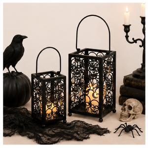Halloween Decorative Skull <b>Lantern</b> Set Vintage Matte Black Metal Candle Holder with Ornate Cutout Design For Home Party Decor - Product Image 2