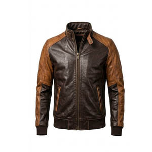 Veste de motard en cuir véritable pour homme, écologique, avec logo sur le devant, col montant, poches zippées, coupe ajustée, style hiver - Product Image 4