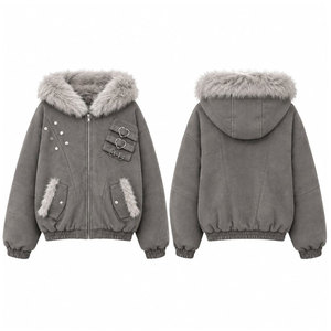 Women's Hooded Fleece <b>Jacket</b> With Fur Collar And Pockets Casual Winter Coat Gray Short Sleeve Style - Product Image 1