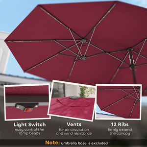 Ombrellone Bifacciale con Luci Solari LED, Raggio 2,5m, Rosso Vino, per Esterni in Cotone e Poliestere - Product Image 5