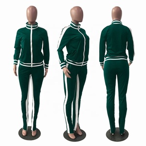 Ensemble de survêtement vert 2 pièces pour femme, manches longues, col montant, cordon de serrage, pantalon de jogging sportif, motif uni, tenue d'automne, antistatique - Product Image 1